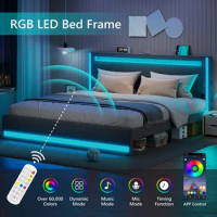King Size Bed Frame and Adjustable Headboard, Light up King Size Platform Bed Frame with Type-C &amp; USB Charging Station