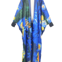 Multicolor Europe Printed Twill Silk Bohemian Oversize Beach Bikini Kaftan Maxi Dress African Popular Robe Femme Kimonos