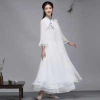 春夏新款喇叭袖旗袍式連衣裙中國風女裝茶服禪意文藝復古