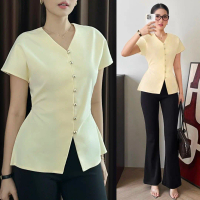 MINA - Rhea Multiple Button Top - Atasan Wanita Lengan Pendek Semi Fitted Kekinian Kancing Jamur Gol