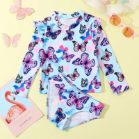 1-6T Kids Baby Girl 2Pcs Swimsuit Strawberry Butterfly Print Long Sleeve Ruffled Bikini Beachwear Girls Rashguard Bathing Suit