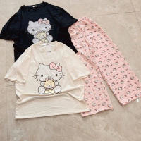 Set bộ áo phông chất cotton mềm mát mix quần suông đũi in full hello kitty_ hello kitty ôm gấu
