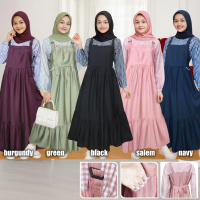 Gamis Remaja Korean Style 2in1 - Yura Overall Dress Katun Linen Mix Kotak - Baju Muslim Tanggung Vir