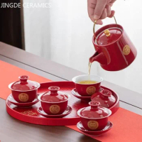 Red Ceramic Gaiwan Teapot Tea Tray Suit Boutique Chinese Tea Sets Wedding Tea Set Supplies Customized High Grade Teaware Gifts