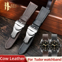 Real Cow Leather Watchband For Tudor Little Red Flowers Black Bay Series Watch Straps 20 22mm Soft and Waterproof Folding Buckle