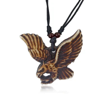 Unisex Eagle Necklace,Resin Imitation Yak Bone Flying Eagles Pendant Necklace,Adjustable Black Cord,Surfer Ethnic Jewelry Yoga