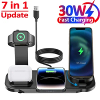 7 in 1 30W Rotate Wireless Charger Stand Pad For iPhone Samsung Xiaomi Apple Watch 8 7 6 Airpods Pro Fast Charging Dock Station
