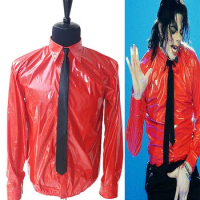 MJ In Memory of Michael Jackson Red Thin Shirt PU Leather Dangerous Jam Magic Tape VEL-CRO Shirt Tie For Dancer Quikly Change