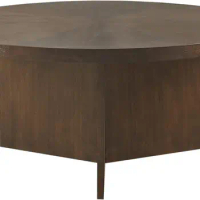 Martha Stewart Sadie Round Wood Coffee Table with Starburst Pattern Top Simple Pedestal Stand, Circular Contemporary Modern Acce