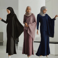 Lace Design Islamic Clothing Abaya Attached Cape Solid Ironless Maxi Jubah Zip Belakang Muslimah Wea