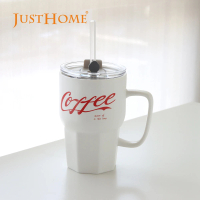 【Just Home】樂咖陶瓷馬克杯附吸管500ml 白色(杯子 陶瓷杯 馬克杯 吸管杯)