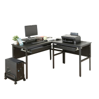 【DFhouse】頂楓150+90公分大L型工作桌+2抽屜+主機架+桌上架-黑橡木色