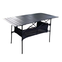 【May Shop】摺捲式收納 黑色鋁合金蛋捲桌 含桌下網櫃