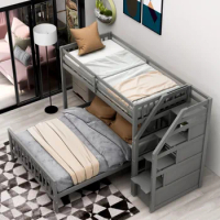 Wood Twin over Full Bunk Bed Loft Bed with Moveable Full Platform Bed, Storage Staircase for Kids Teens Adults Gray