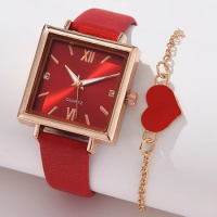 2PCS Luxury And Fashionable Women's Watch Set Pu Leather Strap Women's Quartz Watch Women's Gift Square Alloy Bracelet