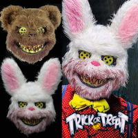 2023 Bloody Plush Rabbit Mask Simulated Bloody Bear Head Horror Facepiece Cosplay Prop Halloween Ghost Festival Role Dressing