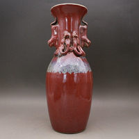 晚清窯變祭紅釉盤龍雙耳花瓶 古玩古董陶瓷器收藏仿古老貨收藏品