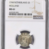Koin Perak Holland 2 Stuiver 1744 NGC MS61 Rare Netherlands Silver Coin VOC Era | populasi hanya 6