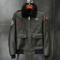 2019 New Mens Green Shearling Jacket Leather Jacket Fur Coat B6 Airforce Flight Jacket Mens Winter Coats