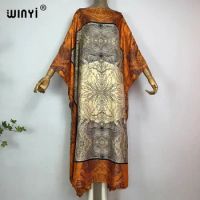 WINYI 2023 Summer Muslim Fashion boho Popular printed Silk Kaftan Maxi dress Beach Bohemian kaftan long dress for lady
