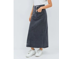 Onetta - ALANIS - Rok Jeans Panjang Wanita A Line Casual Aksen Tali Serut Belah Belakang DARK GREY M