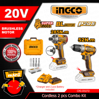 INGCO 2pcs Li-Ion Brushless Cordless Drill |   Impact Wrench |   Impact Driver Combo Set -TFM-ICPT