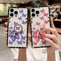 Shell Pattern Butterfly Diamond Ring Holder Square Case For OPPO Reno 8 6 5 4 7 3 F21 Pro A96 A78 A58 Realme C33 X50 XT K5 X2