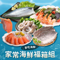 【享吃海鮮】家常海鮮福箱7包組(金目鱸魚/鮭魚生魚片/白蝦/挪威鯖魚/魷魚圈)