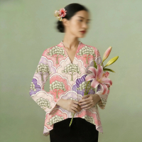 blouse only,2026 Women's V-Neck blouse, Bohemian 3D Floral Print, Color Block, Polyester, Long Sleev