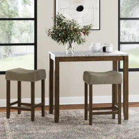 3 Piece Set, Heigh Kitchen Counter Pub Dining or Breakfast Table with Marble Top and Fabric Wood Base Seat, Beige/Light Brown