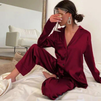 Satin Women's Summer Pajama Suit Spring Summer Long Sleeve Ladies Nightwear Single Breasted Silk Sleepwear 2 Pieces For Female