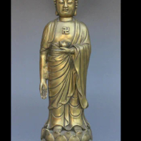 zhmui88002512&lt;+33CM China Brass Copper Buddhism Stand Lotus Sakyamuni Shakyamuni Buddha Statue
