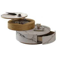 Luxury White And Natural Colour Coffee Table with Storage Modern Round Lift-top Nesting Wood
