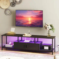 TV Stand with LED Light and Power Outlets for TVs up to 65 Inch, TV Media Console with Double-Door Cabinet, Gaming Entertainment