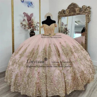 Sparkly Gold Appliques Quinceanera Dress Ball Gown Charro Mexican Sweet 15 16 Dress Off The Shoulder Luxury Vestidos De Anos