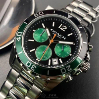 COACH44mm圓形墨綠色精鋼錶殼黑色錶盤精鋼銀色錶帶款CH00118