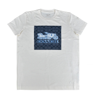 【COACH】COCACH 立體馬車LOGO方框C字印花純棉短袖T恤(女款/白x丹寧藍)
