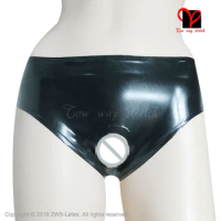 Low cut Sexy Latex Underwears penis Hole shaft ring Rubber panty pants Open briefs shorts black thongs underpants KZ-022