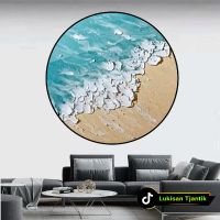 Lukisan Abstrak Modern Ombak Pantai Teksture Bulat - Dekorasi Rumah Hiasan Dinding