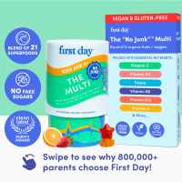 [adatvfaa] First Day Kids Multivitamin Gummies Age 4-12 Strawberry & Orange Flavored 21 Organic Supe