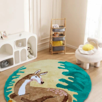 Animal Sika Deer Art Tufted Rug Round Plush Forest Area Rug for Living Room Kids Bedroom Fluffy Circle Cute Deer Bath Mat
