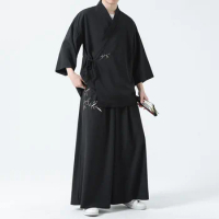 Plus Size Chinese Style Embroidered Kimono Cardigan Pants Set Traditional Japanese Samurai Clothes Loose Satin Yukata Hanfu Suit