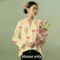 blouse only,2026 Women's V-Neck blouse, Bohemian 3D Floral Print, Color Block, Polyester, Long Sleev