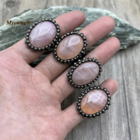 10PCS Large Oval Shape Natural Rose Quartzs Crystal Vintage Adjustable Rings Wicca Goth Witch Jewelry MY240411