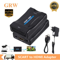 Grwibeou 1080P SCART To HDMI Video Audio Upscale Converter Adapter for HD TV DVD for Sky Box STB Plug and Play DC Cable
