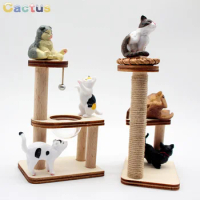 Dollhouse Mini Wooden Pet Cat Tree Tower Toys Cat Climbing Rack Doll House Mini Furniture Decor Accessories Photography Props