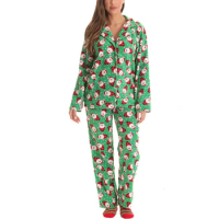 Clothes for Women Christmas Pajama Cartoon Pattern Long Sleeve Button Down Shirt and Pants Winter Warm Loungewear Sleepwear