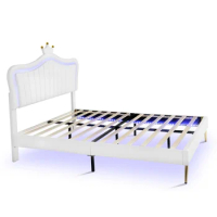 Queen Size Upholstered Bed Frame with LED Lights,Modern Upholstered Princess Bed With Crown Headboard,White