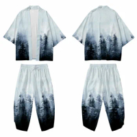 Forest Printed Loose Japanese Kimono Seven Points Pants 2Pcs Couple Women Men Cardigan Yukata Harajuku Oversize 6XL