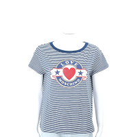 LOVE MOSCHINO 亮片愛心字母印花微彈性棉藍白條紋短袖TEE T恤
